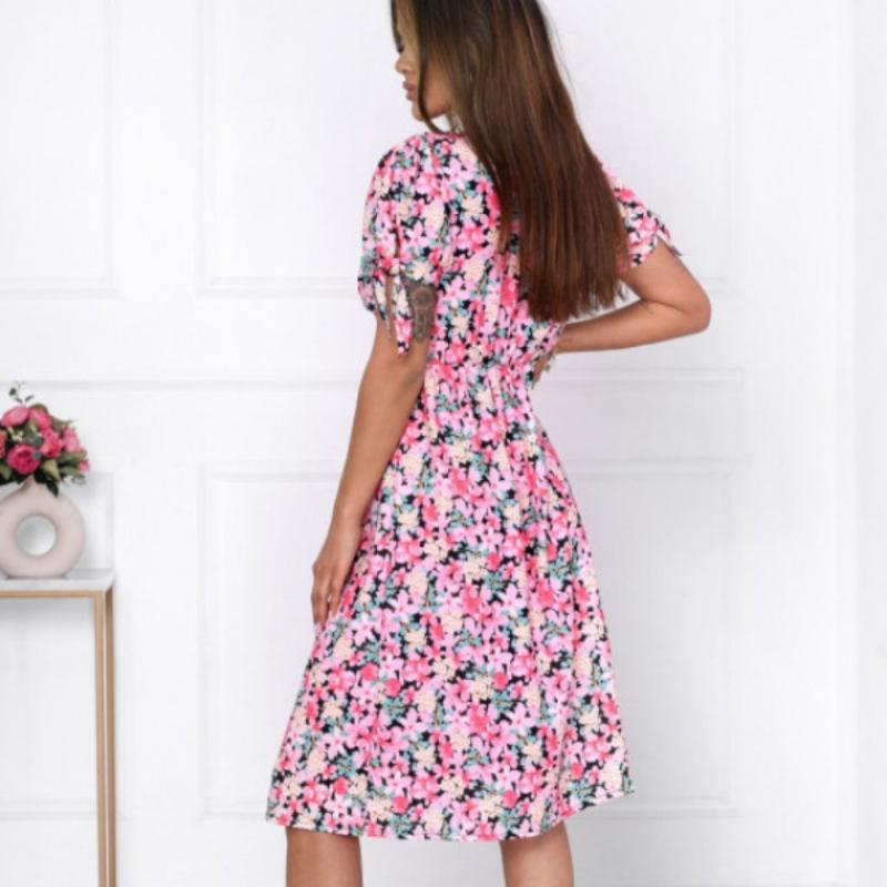 New Summer Short Sleeve Print Floral Women's Dress Elegant Slim Fit Vintage Pink Casual Dresses Women High Waist Fashion Party Sexy Female Dress 26099