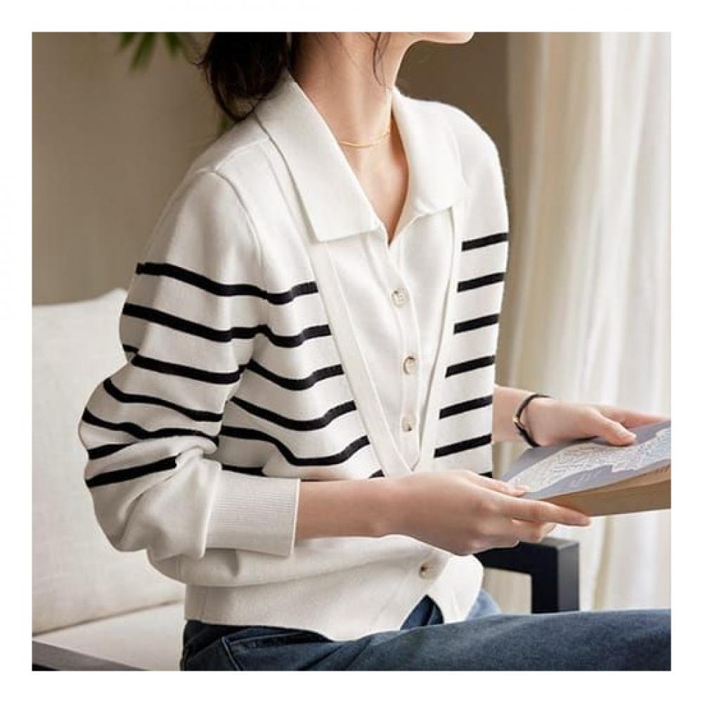 Navava Nk2027 Two In One Stripe Collar Long Sleeve Knit