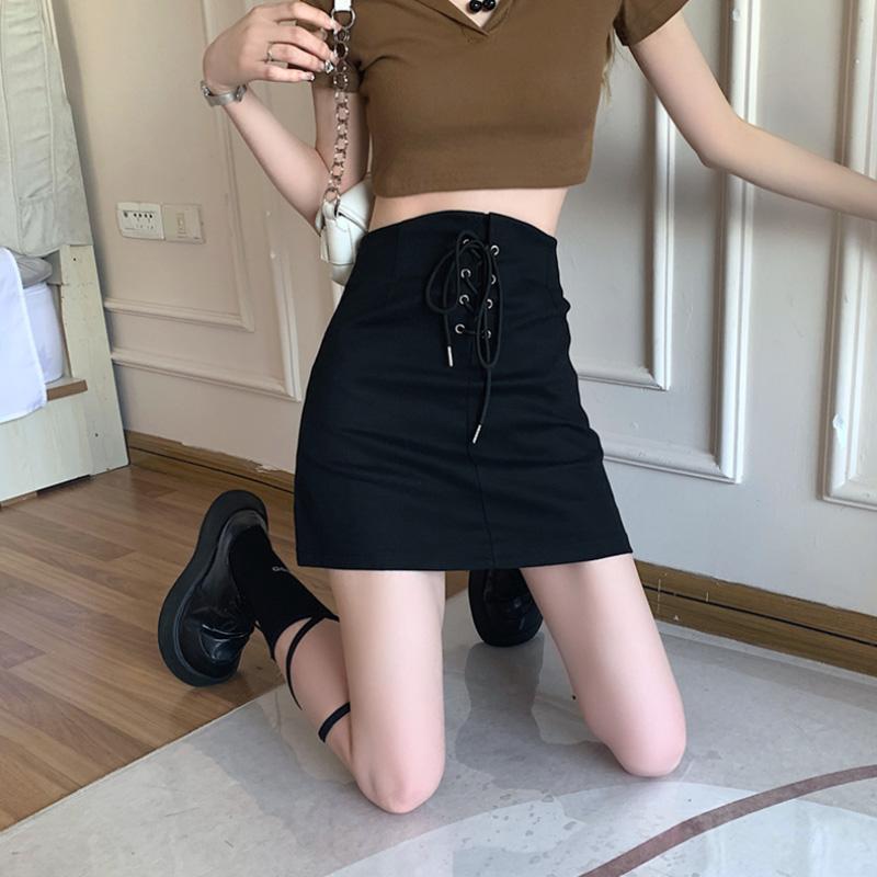 Women's Drawstring Bodycon Skirts Summer High Waist Slim Fit Vintage Black Bottoms Streetwear Y2K Clothing