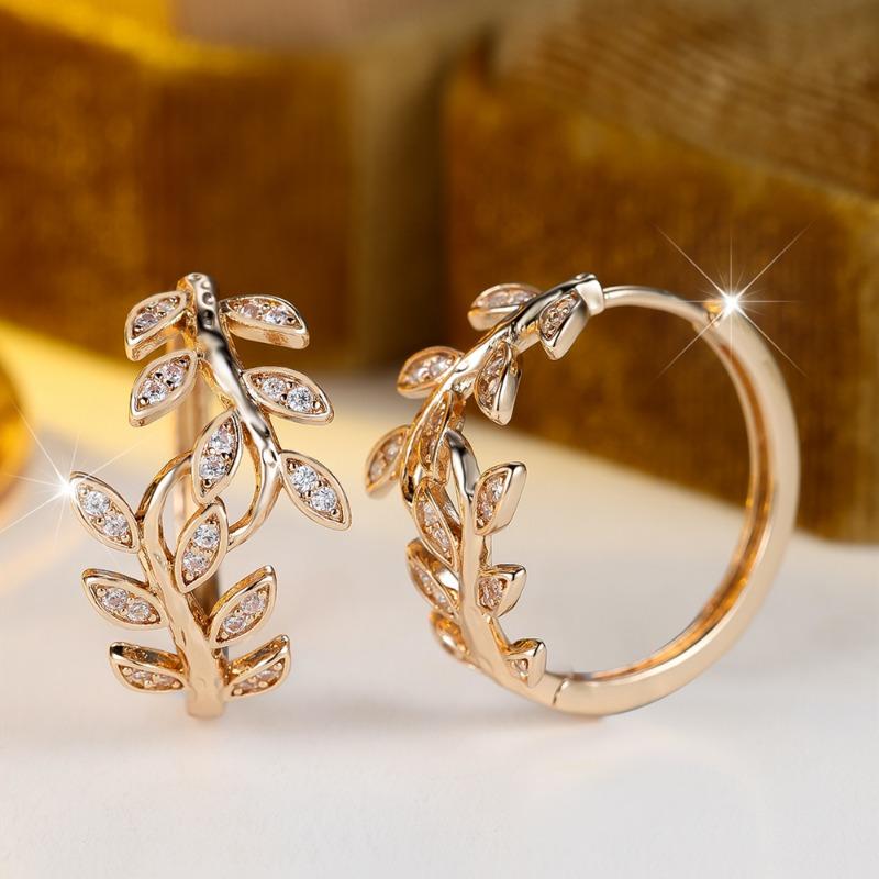 Vintage Cubic Zirconia Leaf Hoop Earrings for Women Luxury Gold Color Fashion Jewelry Accessories