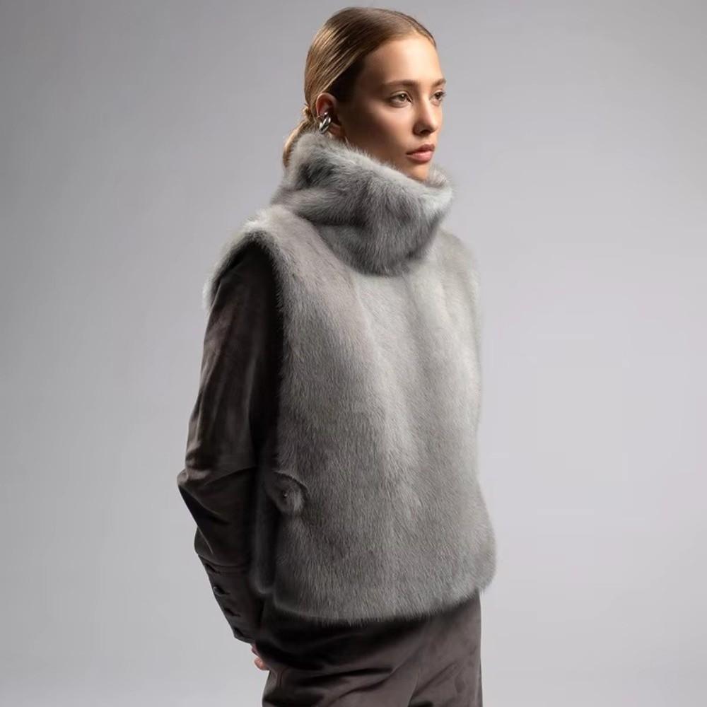 Mink Fur Turtleneck Tank Tops High Collar Layering Piece Faux Fur Vest Fluffy Thicken Sable Vest Autumn Winter