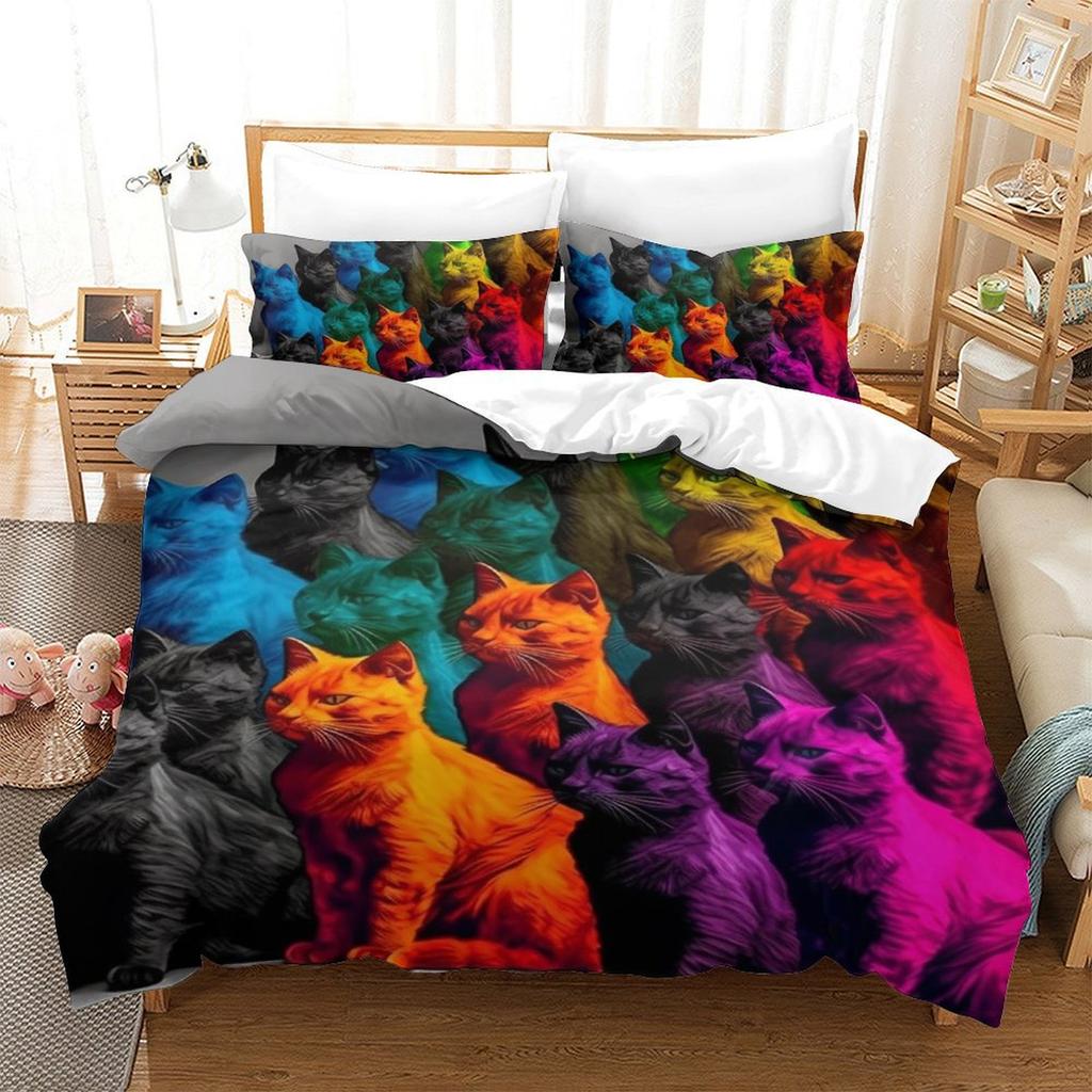 Colorful Cat 3D Digital Printing Polyester Quilt Cover Two Or Three Pieces Can Be