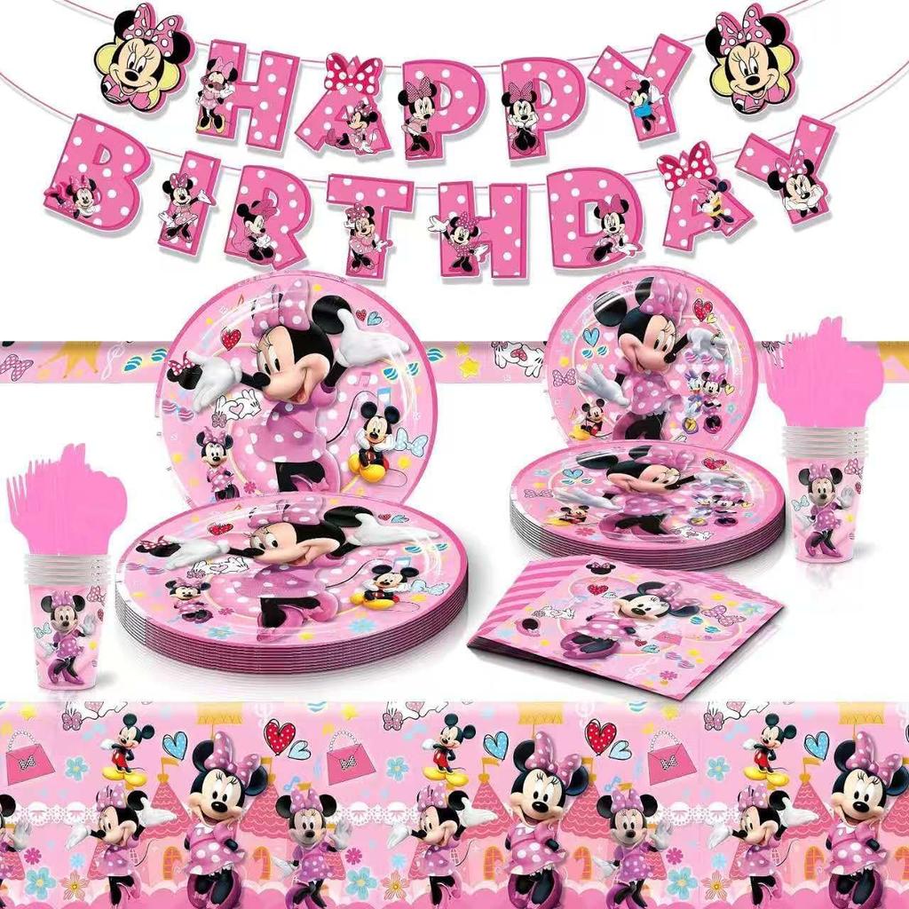 62 Psc For Minnie Birthday Party Supplies Set, Pink Theme, with Banner, Plates, Cups, Utensils, Napkins, Tablecloth