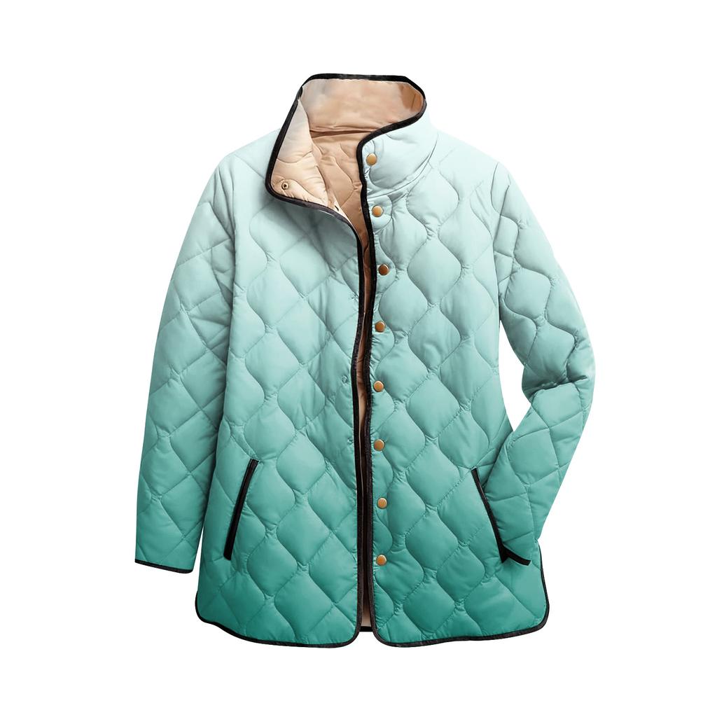 Ladies' Gradient Printed Stand Up Collar Pleated Cotton Long Sleeved Buttoned Cotton Jacket