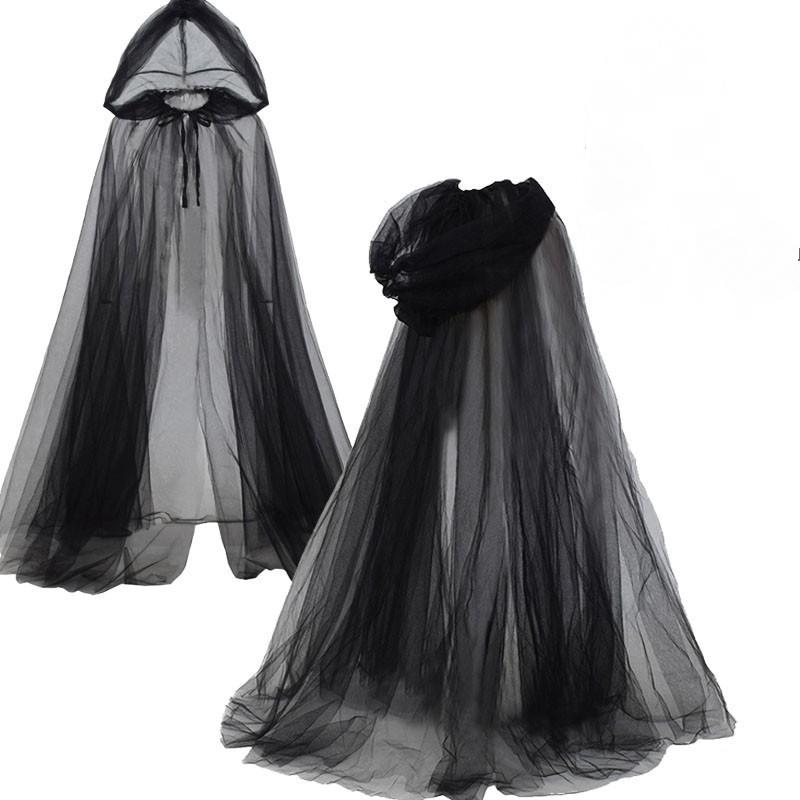 Medieval Gothic Mesh Hooded Cloak Long Black White Tulle Witch Cape Unisex Halloween Vampire Death Cosplay 150cm Robe Costume