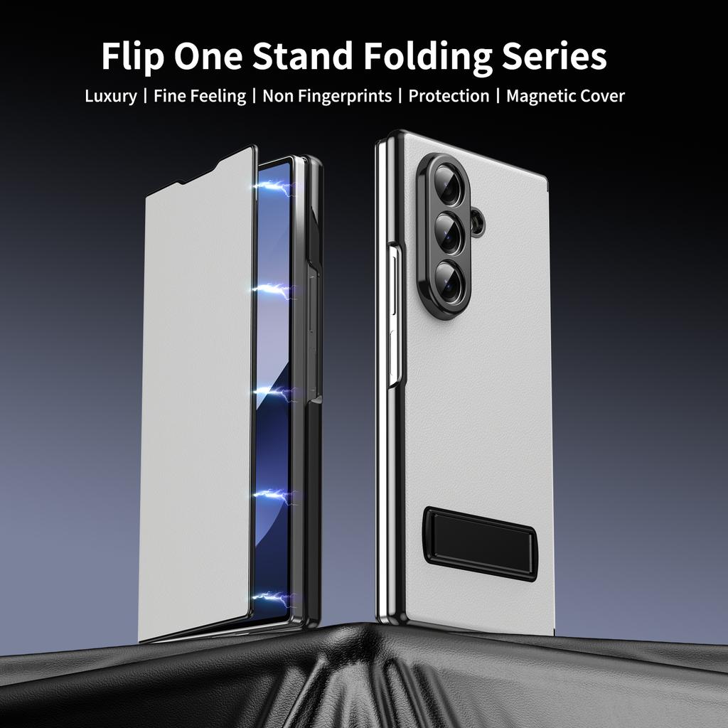 Plain PU Leather Flip Phone Case with Metal Kickstand for Samsung Galaxy Z Fold 4 5 6 7 8 Ultra - Protective Cover with Stand