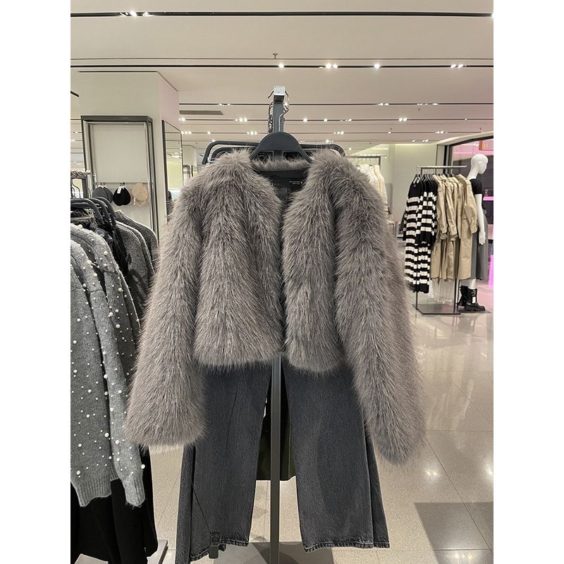 

Осень и Зима Искусственный Мех Пушистая Женская Одежда Модная Модная Короткая Имитация Лисьего Меха Экологически Чистое Набивное Пальто Grey 2XL