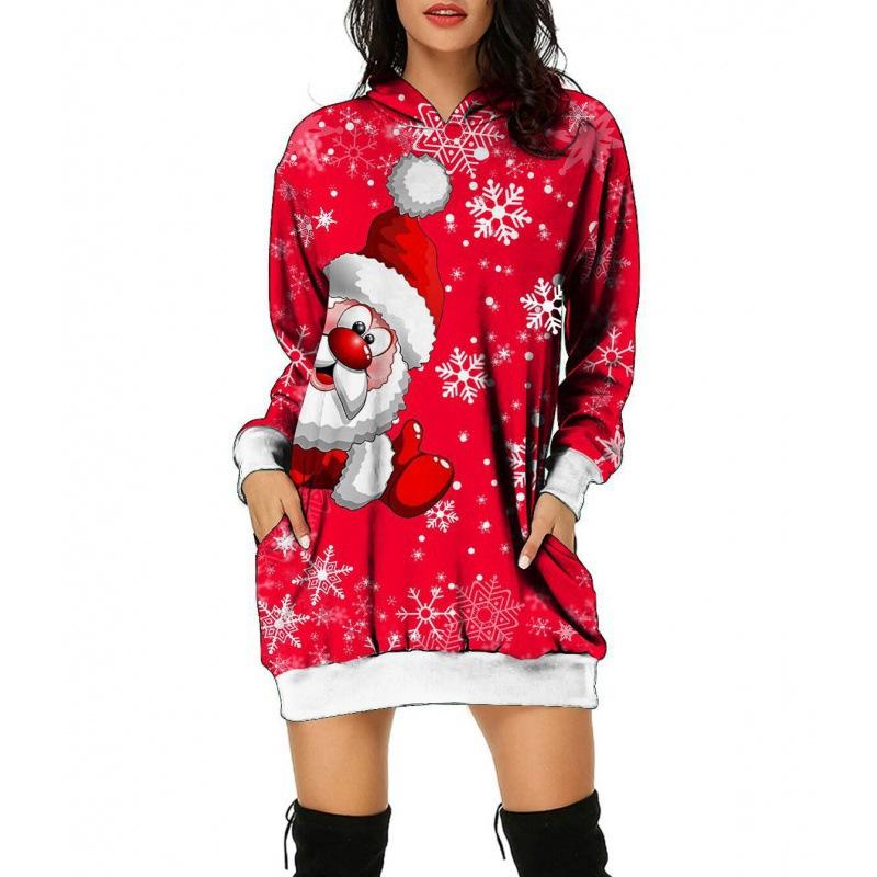 Women‘s Round Neck Long Sleeve Loose Fit Hoodie Dress 3D Print Casual Gown