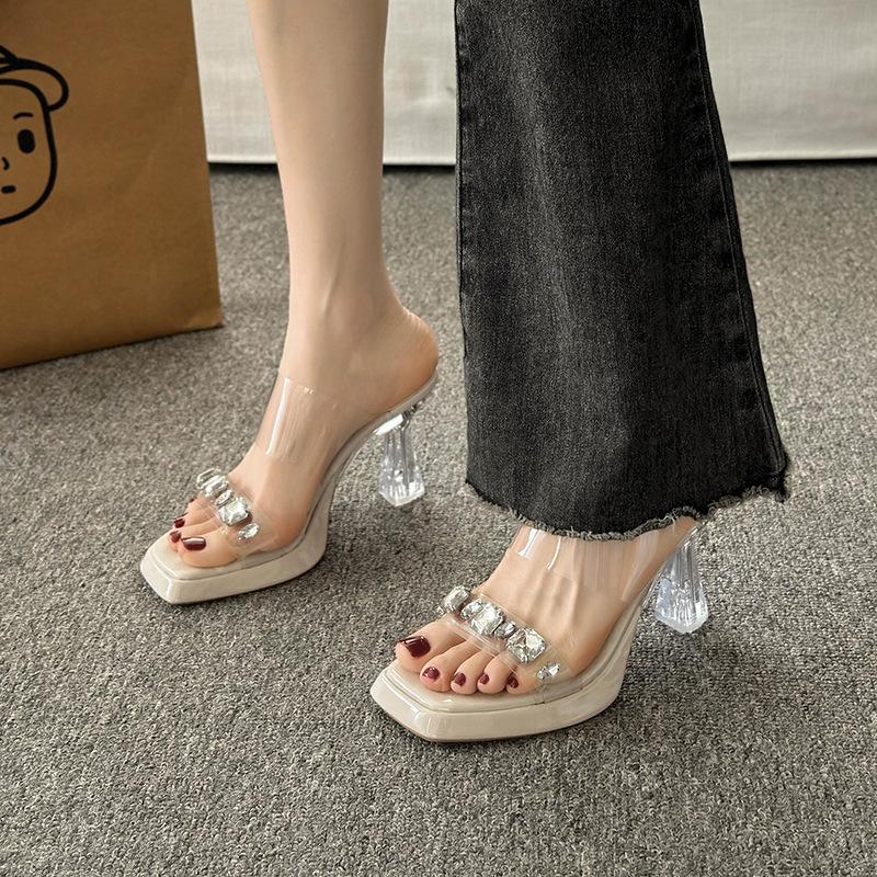 High heel crystal rhinestone cool slippers women's new large size 42 fashion waterproof table women's slippers thin heel women's slippers