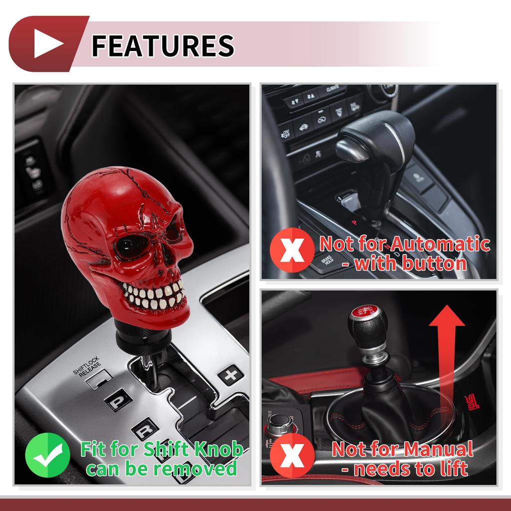 HEROFFIX 8.7cm Skull Shift Knob, Universal Gear Shift Knob, Resin Stick Shifter Lever Knob for Automatic and Manual Cars, with 3 Adapters, Red, 1 Set
