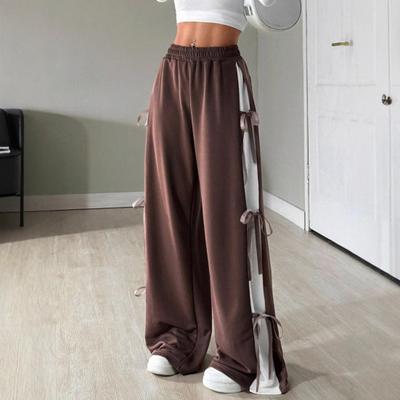 Women Long Pants Side Lace-up Oversized Wide Leg Causal Trousers with Pockets Solid Color Loose Fit Sport Pants