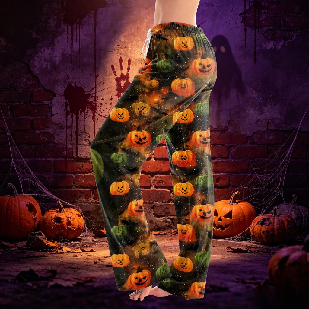 Women’s Drawstring Halloween Printed Long Pants Loose Fit Elastic Waistband Casual Trousers for Daily Wear Outdoor Home