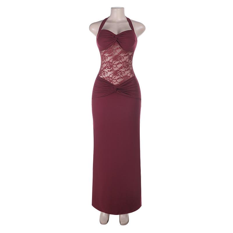 2026 Neck Sexy Slim Fit Solid Color Lace Splicing Sleeveless Tight Hip Wrap Dress