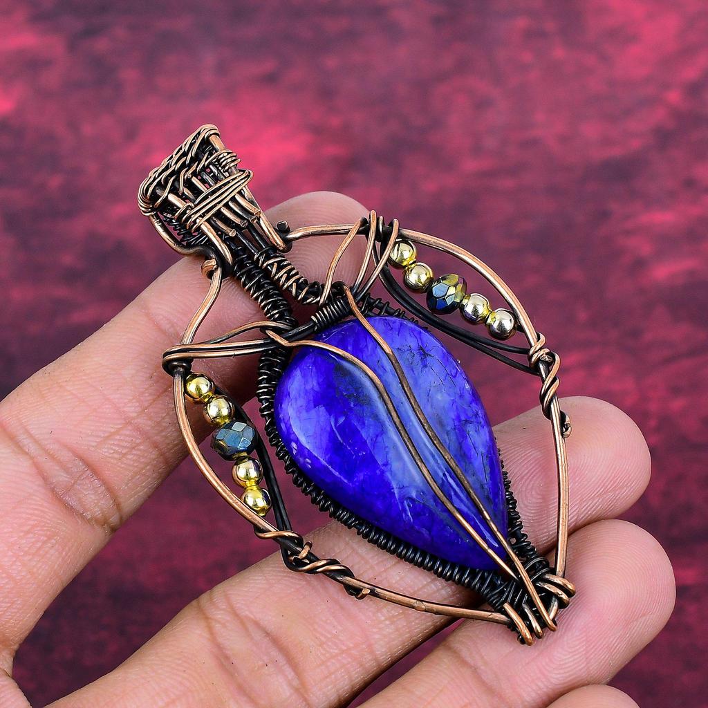 Faceted Blue Sapphire Pendant Real Gemstone Jewelry Copper Wire Wrapped Pendant