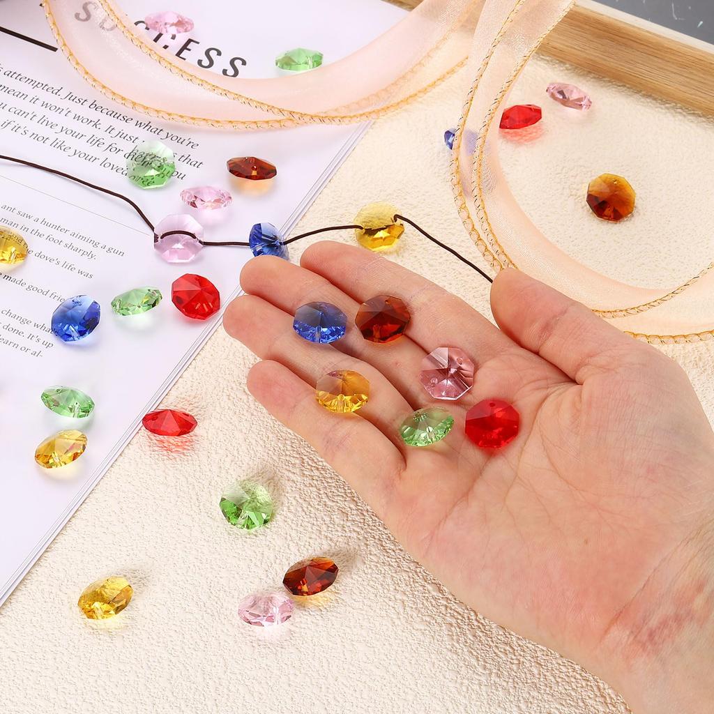 uxcell 70pcs 14mm Crystal Octagon Beads, 2-Hole Glass Suncatcher Beads, Chandler Prism Parts, Pendants for Home DIY Arts and Crafts, Light Red