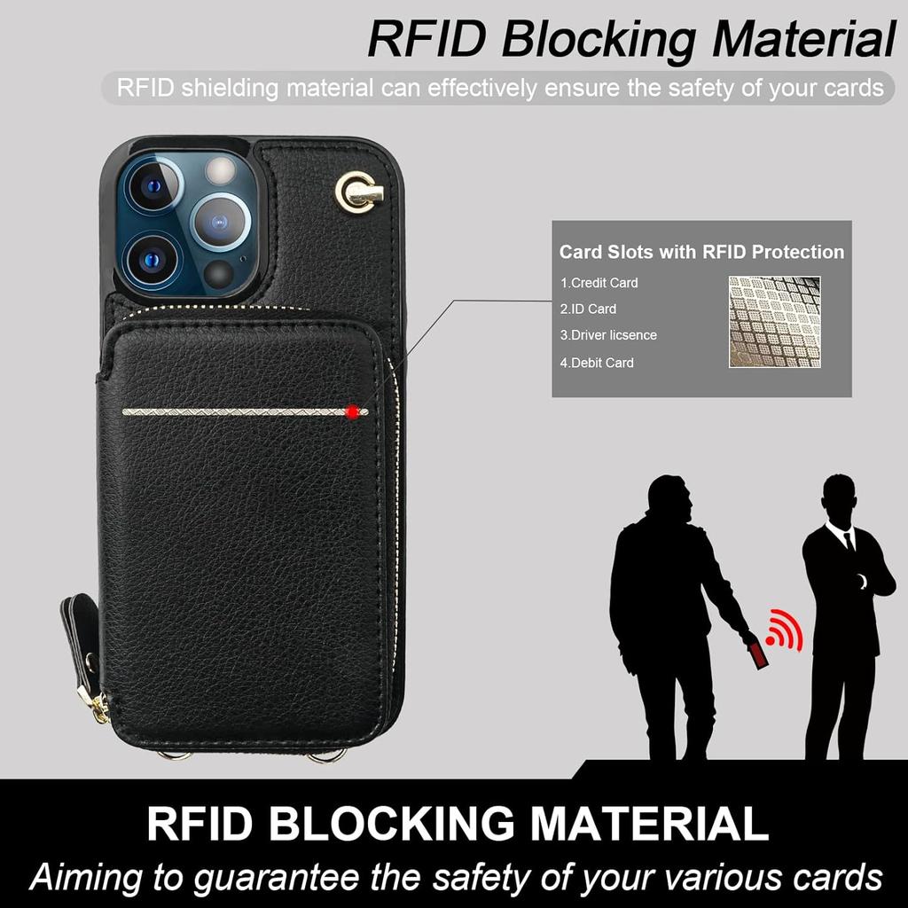 Bocasal Crossbody Wallet Case for iPhone 13 Pro Max, RFID Blocking Leather Purse Case with Card Holder, Protective Handbag Flip Cover with Zipper