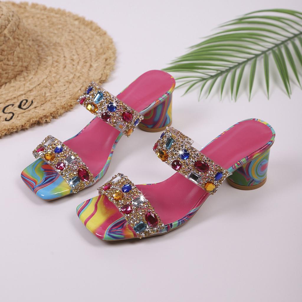 Large Size Square Toe Color-blocking Mid-heel Sandals Women's 2025 Summer New Thick-heeled Rhinestone Slip-flops