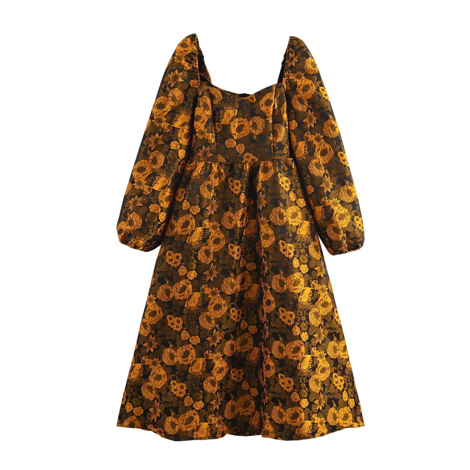 

Весеннее женское жаккардовое платье с рукавами-фонариками 2025 Medium цветочный