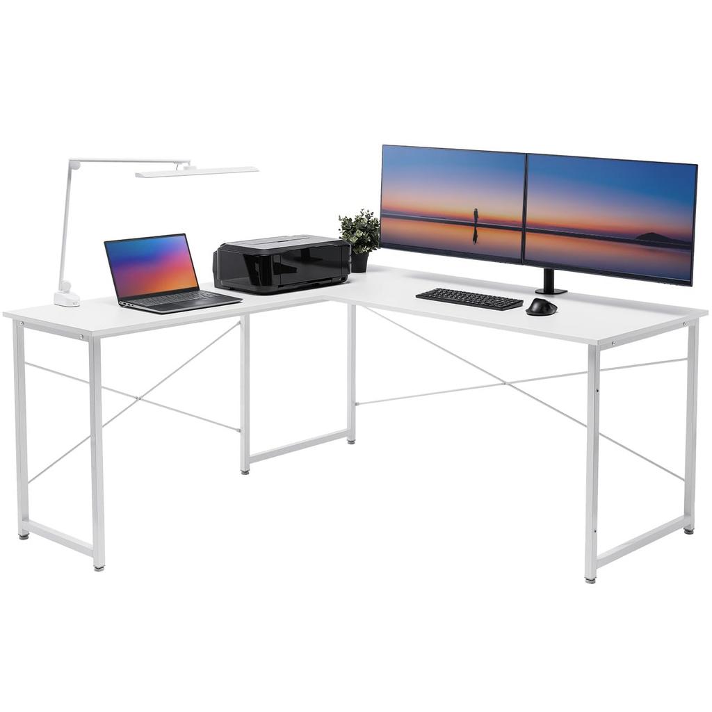 Sanwa Direct Computer Monitor Arm 150cm Wide 90cm L-Shaped Desk, Compatible, + Wide, Wooden, White, 100-DESKH011W