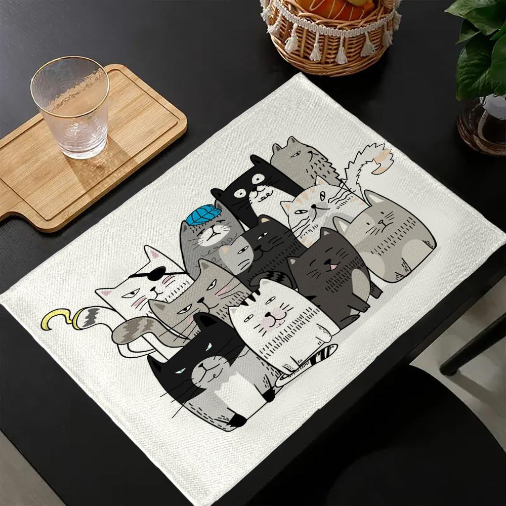 

Cartoon-Cute Cat Kitchen Placemat Dining Table Mats Drink Coasters Western Pad Home Decor 5.27 30x45cm-4PC