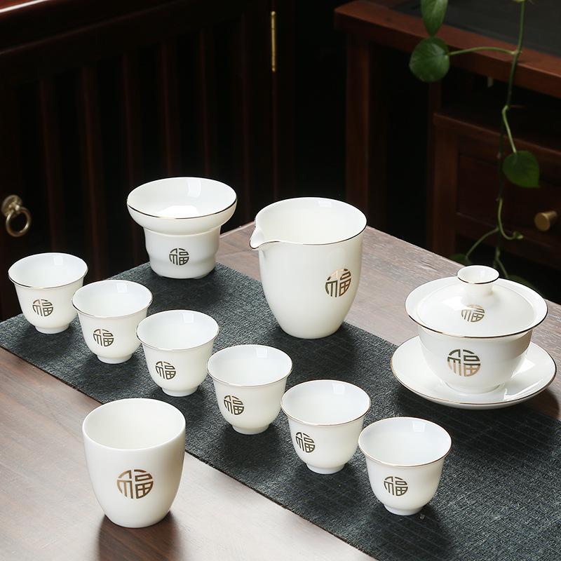 Ceramic suet jade porcelain kung fu tea set with gifts for home use