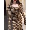 Women's Autumn Retro Stripe Long Sleeve Dress with Shawl - Elegant Waist-Cinched Skirt Set