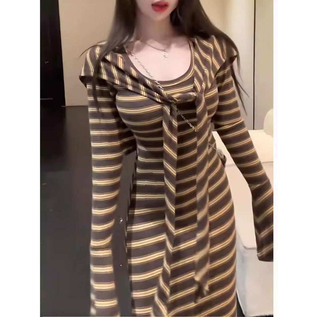 Women's Autumn Retro Stripe Long Sleeve Dress with Shawl - Elegant Waist-Cinched Skirt Set