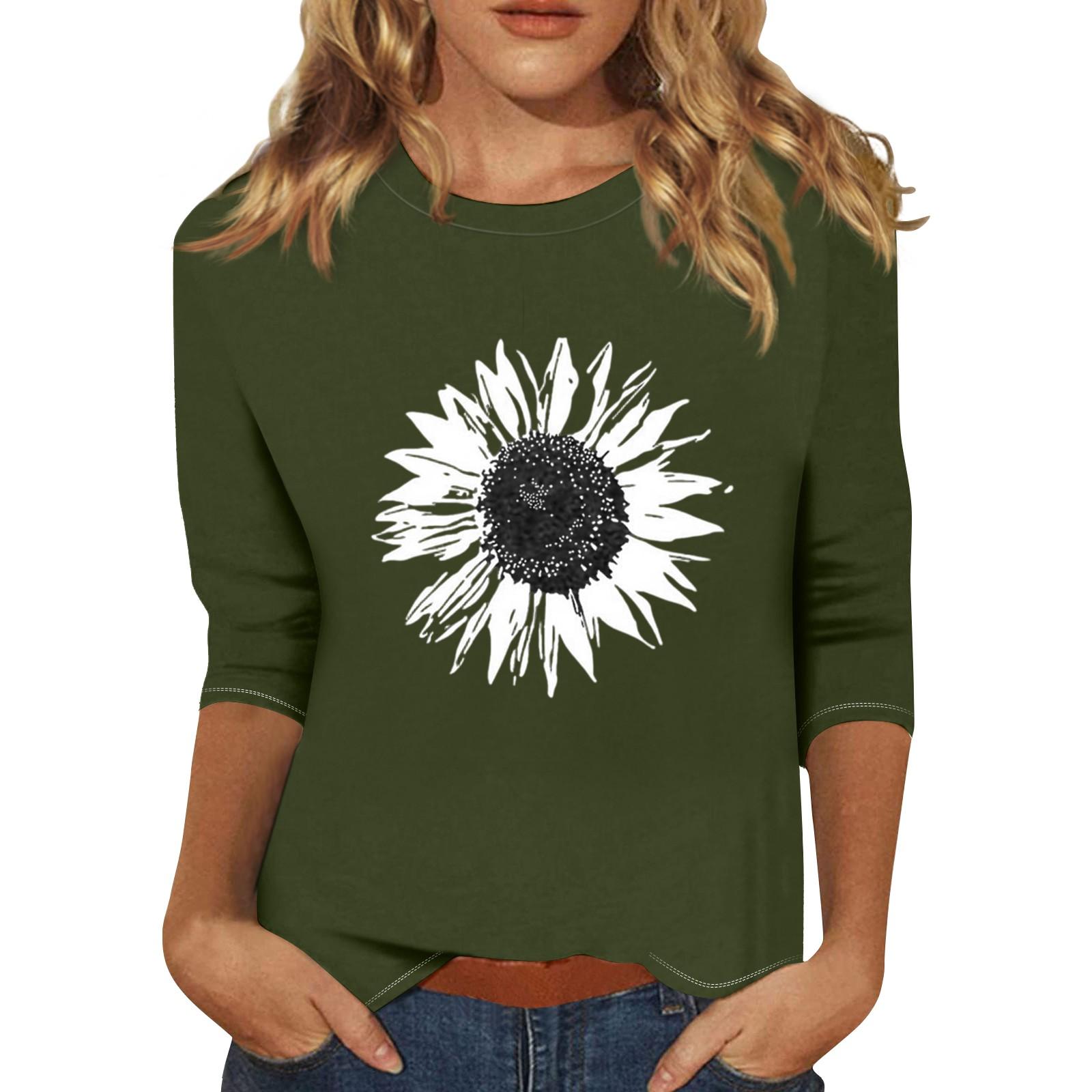 

Women s Fashion Casual Round Neck 3/4 Sleeve Loose Printed T-Shirt Ladies Top XL зелений