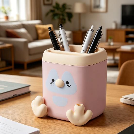 xiaobudian Pen Holder with Detachable Pencil Sharpener, Dual Compartments Organizer, Cartoon Penguin Design Office Desk Organizer