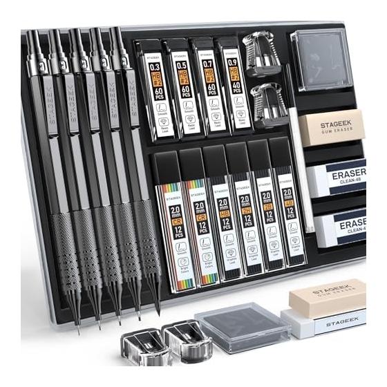 STAGEEK 21pcs Metal Mechanical Pencil Set, Art Pencil 0.3, 0.5, 0.7, 0.9, 2mm Lead Holder (HB, 2H, 2B, 4B, Color) 10 Pieces Graphite Lead Refill Tube