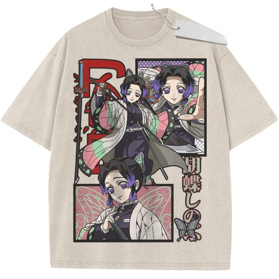 Unisex Washed Purple Vintage Tshirt Demon Slayer Shinobu Kocho Butterfly Highquality Fabric for Home Leisure Travel Shopping