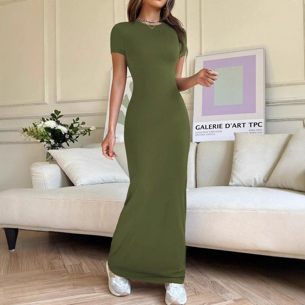 Spring Summer Elegant Solid Color Temperament Slim Fit Short Sleeved Dress Round Neck Pullover Fashionable Comfortable Long Dress