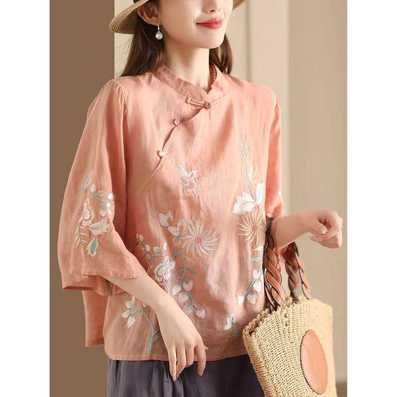 

Womens Beige Floral Embroidered Linen Blouse Casual Mandarin Collar Frog Button Top M розовый