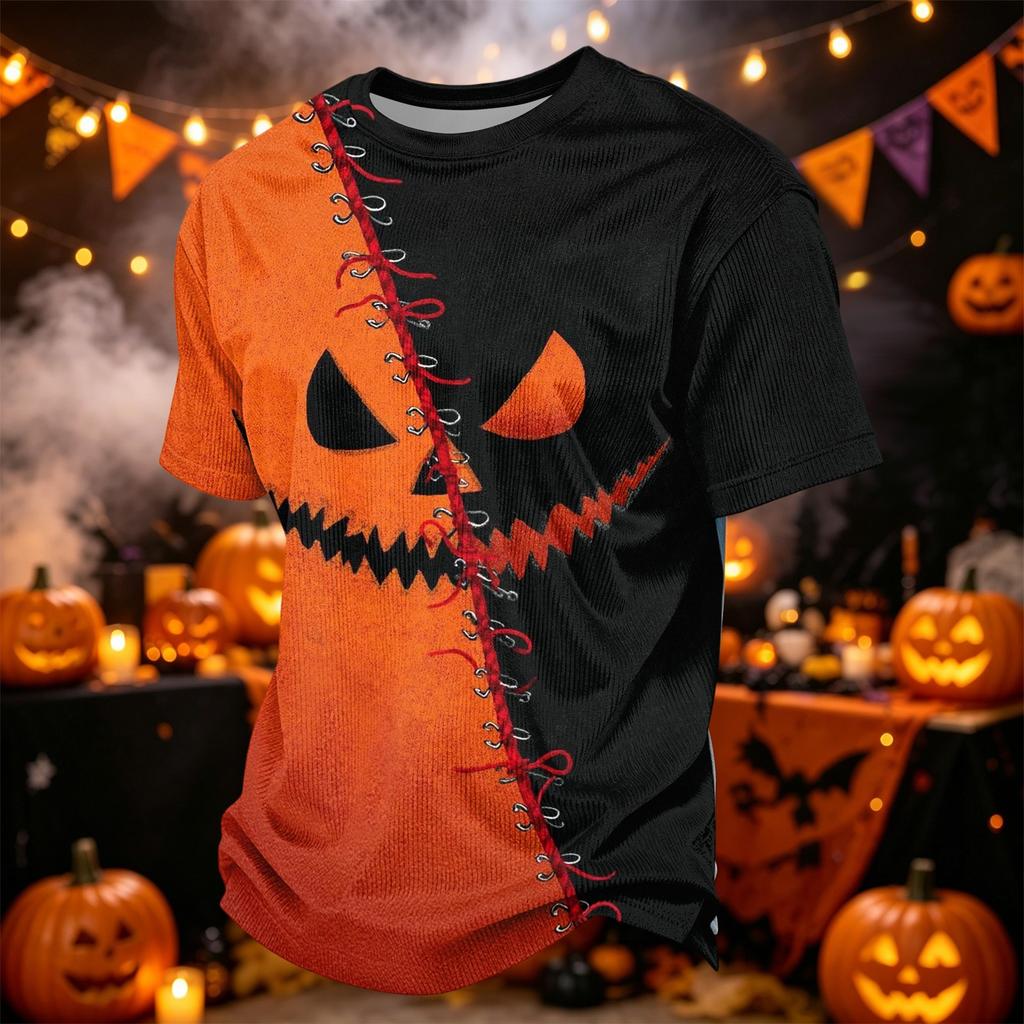 Herren Casual Corduroy Kurzarm Rundhals Leicht Atmungsaktiv Oberteil Halloween-Thema Aufdruck Bequeme Passform