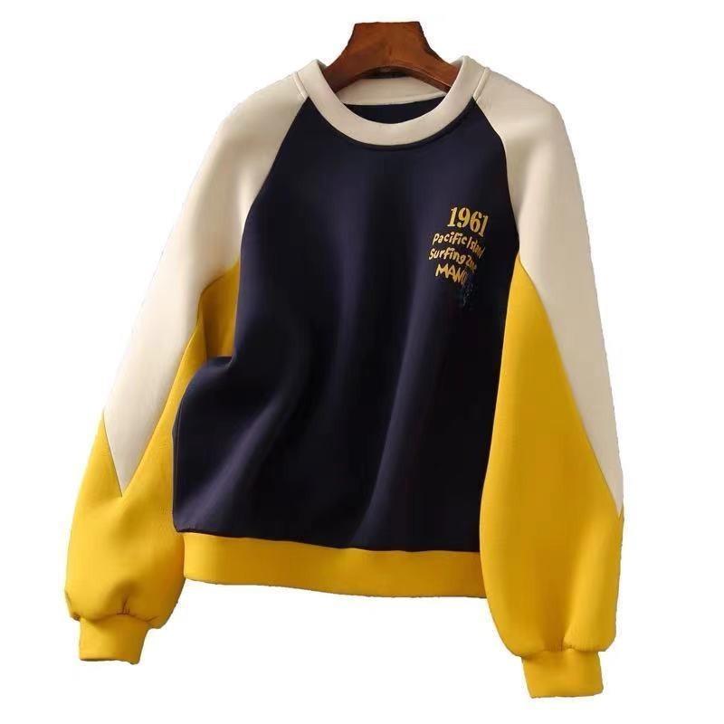 Round Neck Sweatshirt Women Spring Autumn Thin Loose Versatile Design Color Block Hoodless Top