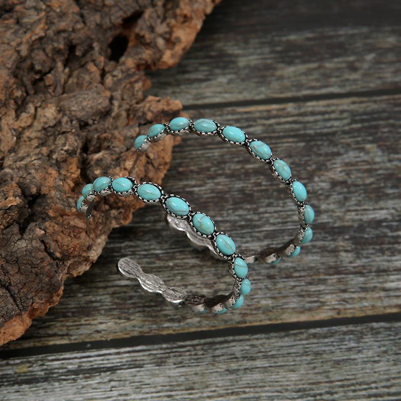 Bohemia Turquoises Earrings Silver Color Round Hoop Earrings for Women Vintage Female Party Earring Fashion Jewelry Accessories
