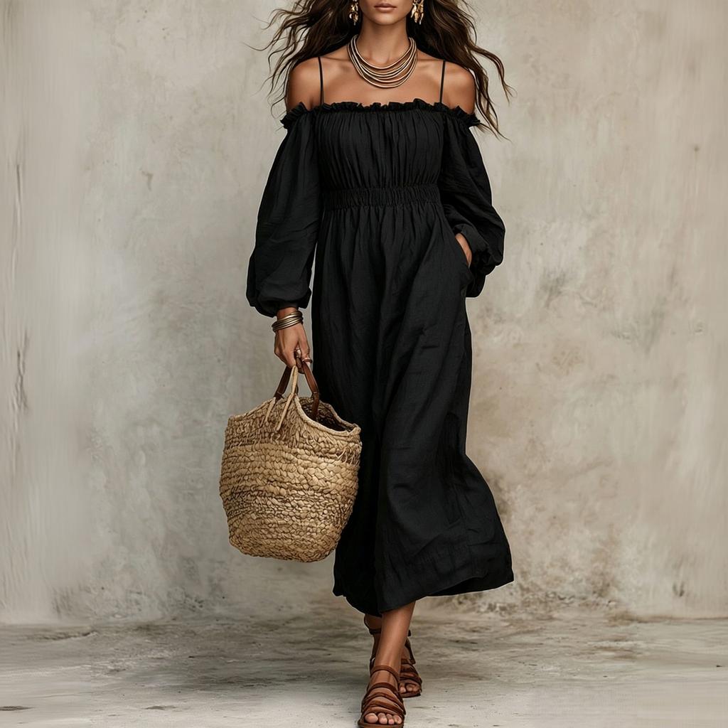 Women's Cotton Linen Off Shoulder Spaghetti Strap Ruffled Maxi Dress Loose Fit Vacation