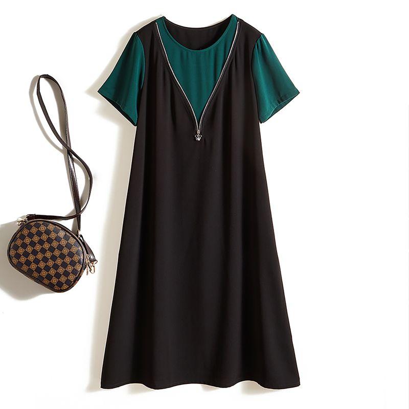 

Japan fashion Forest Harajuku Fake Two-Piece Skirt! Non-Ironing Easy-Care Ramie Yarn Front Zipper over the Knee Color Matching Dress Summer Black 4XL