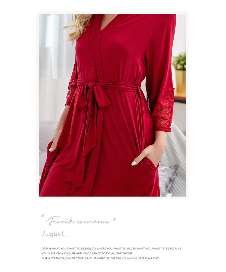 Plus Size Modal Cotton Lace Sleepwear - Women's Solid Color Loose Nightgown/Bathrobe