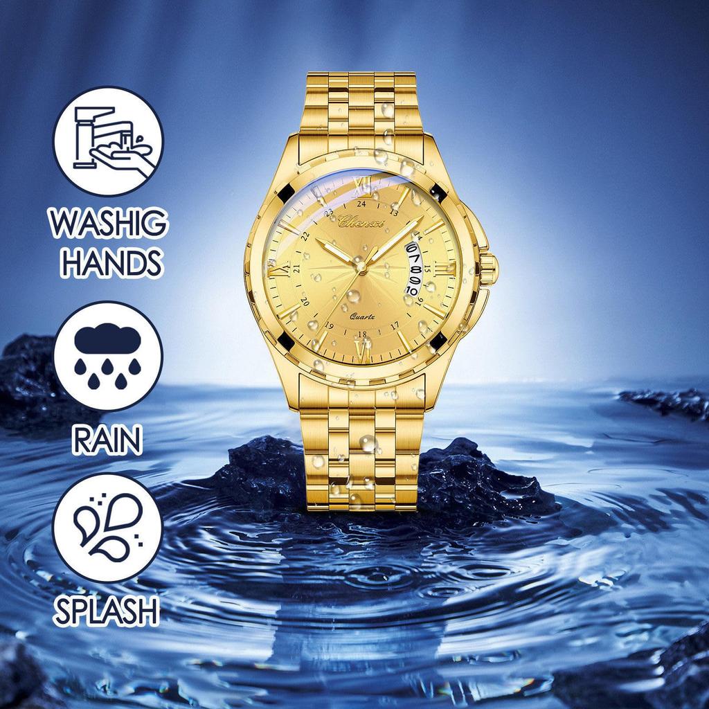 Watch Men Stainless Steel Calendar Gold 3ATM Water Resistant Luminous Analog Display Simple Fashion Quartz Watch Men Fashion Accessory - Birthday