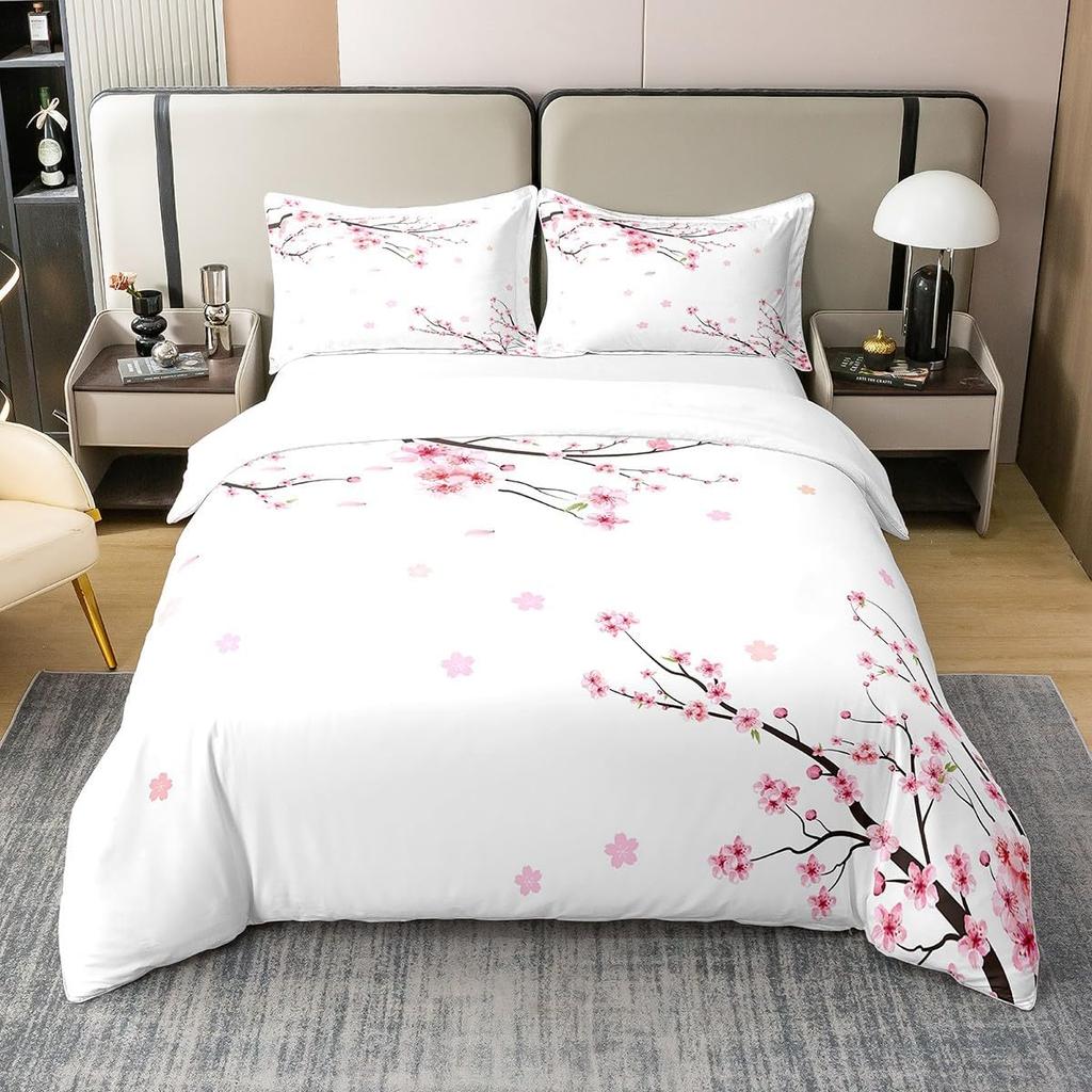 Cherry Blossoms Super King Duvet Cover Girl, Japanese Style Bedding Set Spring Quilt Cover Petal Branch Girly Romantic Bed Sets