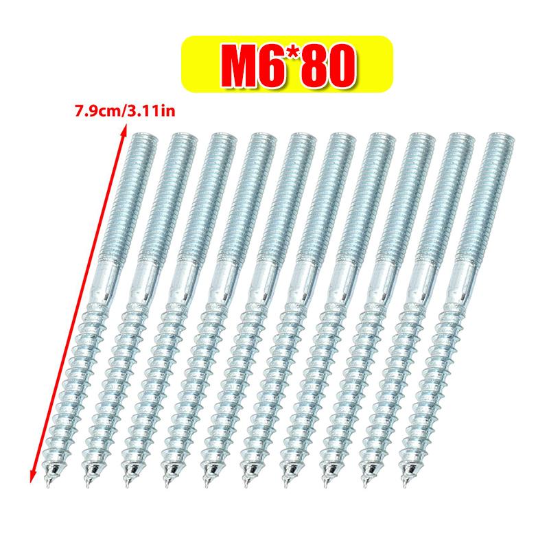 50/10x Double Head Hanger Bolts Heavy Duty Metal Self-Tapping Threaded Rods Screw For Wood Furniture Joint Hardware Accessories