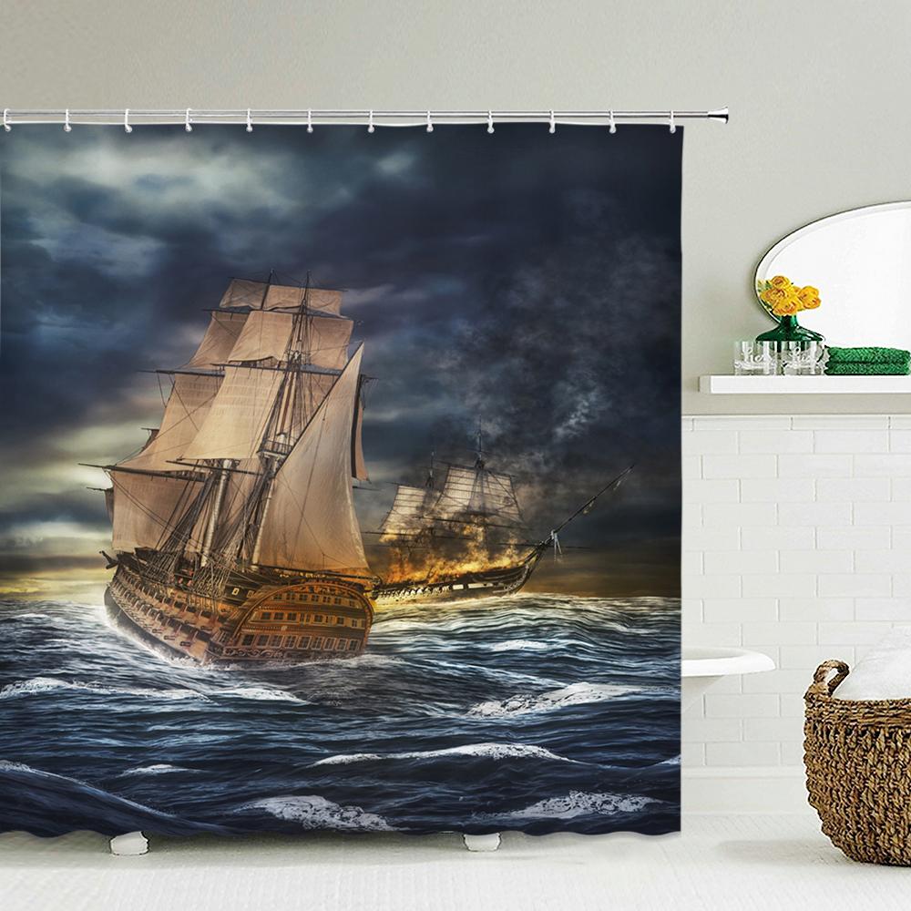 Old Pirate Ship Sea Shower Curtains 3d Printing Bath Curtain With 12 Hooks Bathroom Waterproof Polyester Cloth Bath Screen