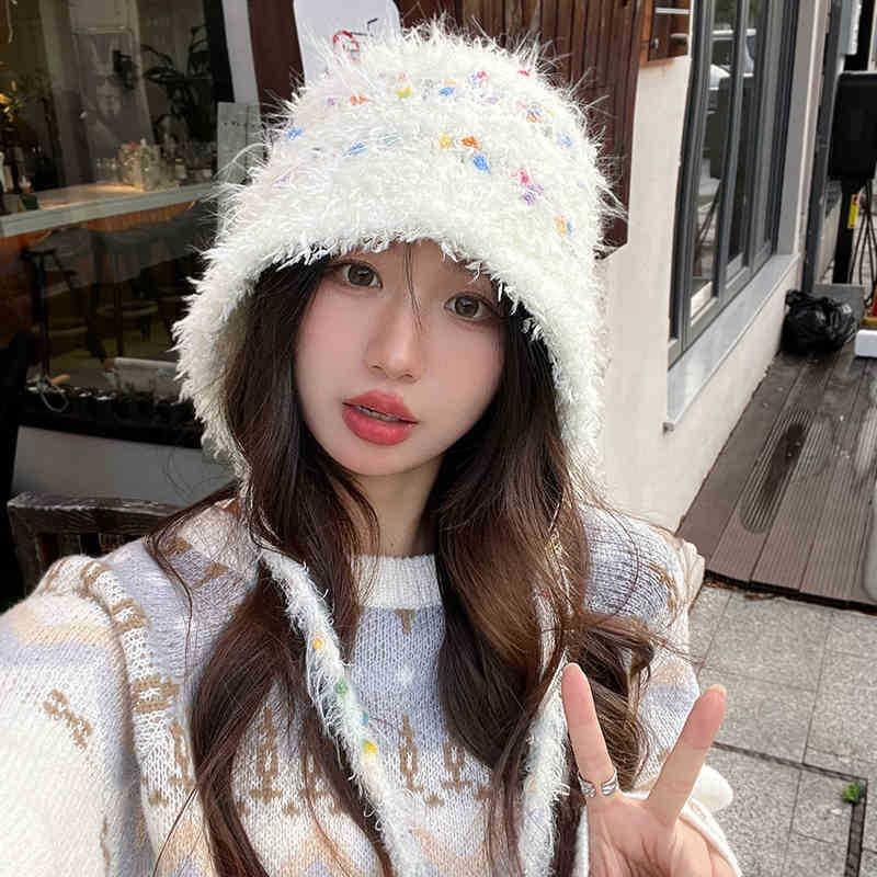 Autumn and winter rainbow candy beans plush wool hat women's plush hat thickened bag head, ear protection hat, warm knitted hat