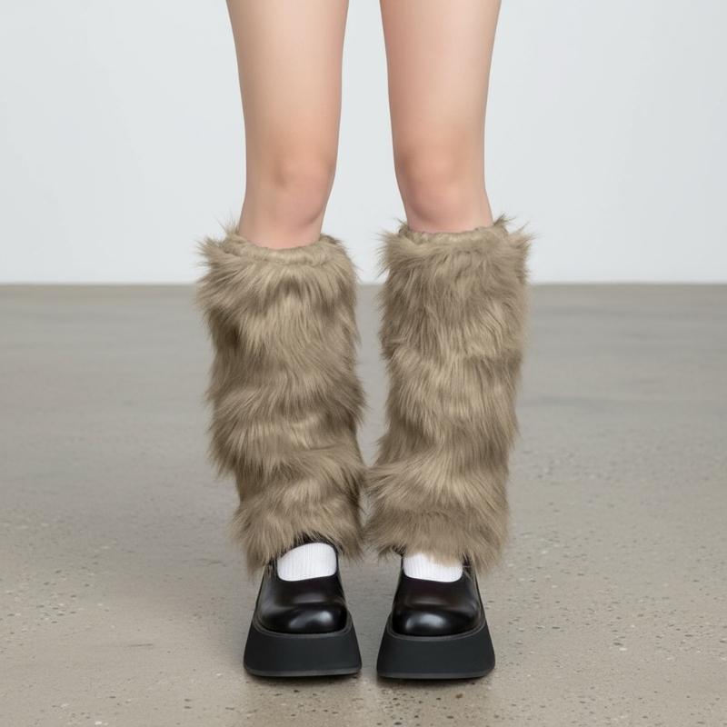 Soft Faux Furs Leg Sleeves Winter Leg Warmers Elastic Thermal Protective Boot Covers Footless Socks For Women Hosiery