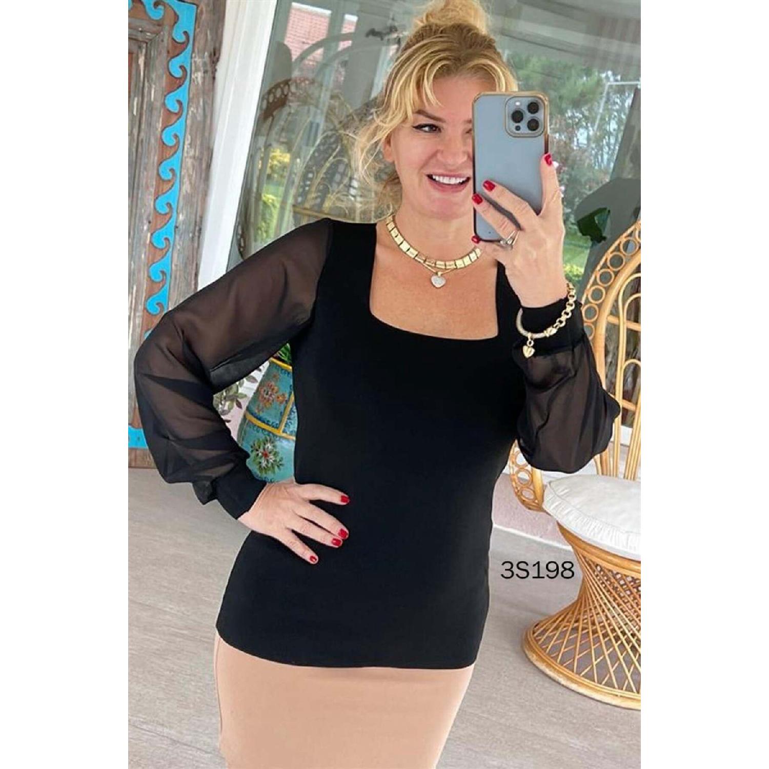 

Square Neck Sleeves Tulle Knitwear Blouse 3s198 Standart чорний