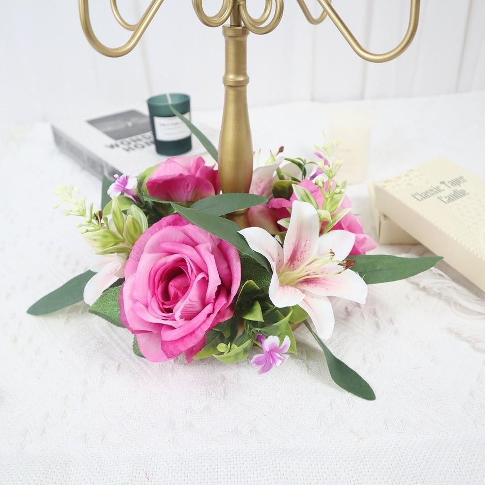 Umělé květiny Prsten na svíčku Simulovaný mini růžový věnec Věnec na svícen Vánoční ozdoba