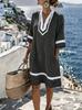 Summer new European and American style V-neck striped loose beach dress casual short sleeve sun protection seaside vacation