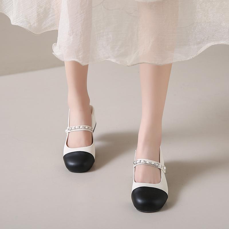 Fashion 2024 Summer New Korean Edition One Button Pearl Chain High Heel Single Shoes Mary Jane Shoes Retro Thick Heel Sandals for Women