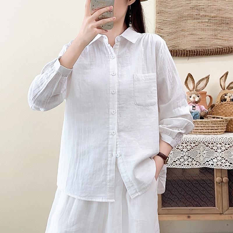 Spring and Autumn New Cotton Double-layer Cotton Yarn Long Sleeve Shirt Women's Versatile Skinny Simple Literary Japanese Retro Style Shirt
